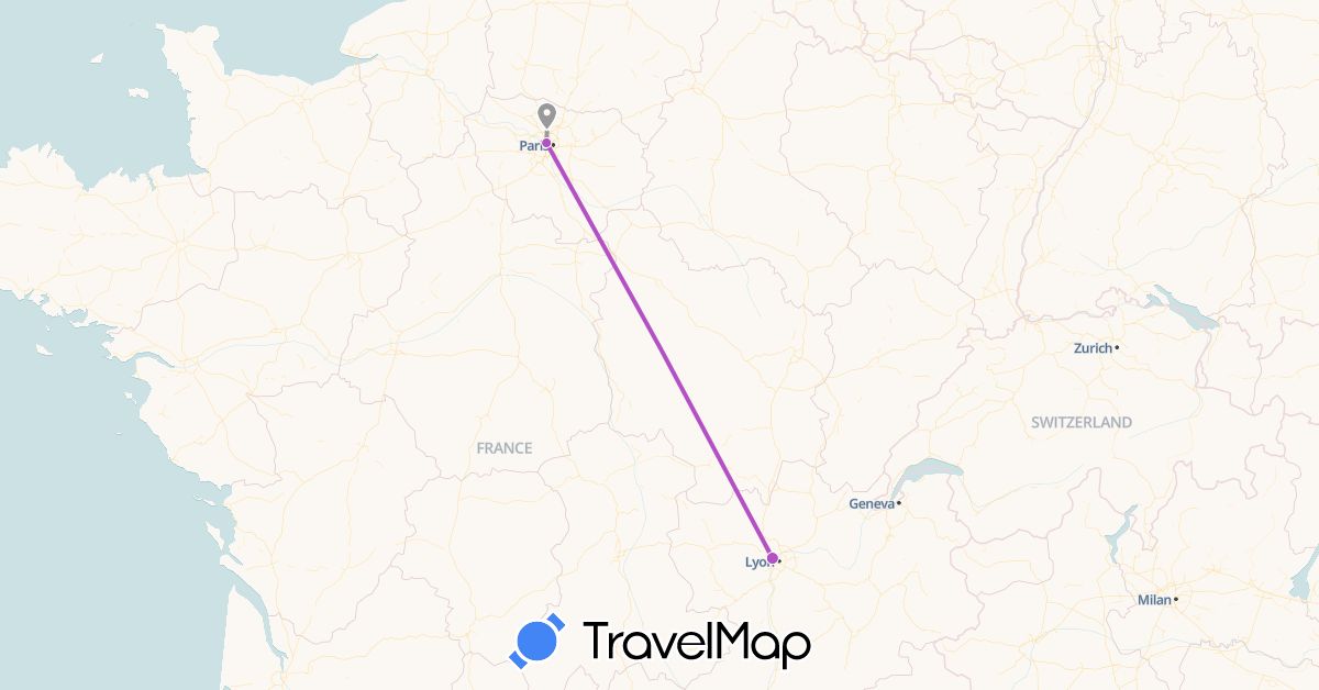 TravelMap itinerary: driving, plane, train in France (Europe)